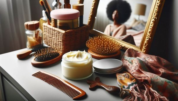 Shea butter and hair care utensils on vanity unit